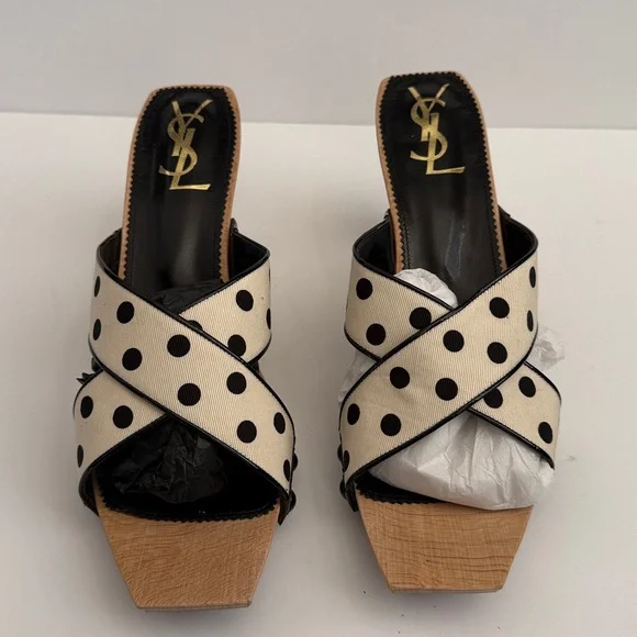 YSL Ivory & Black Lolita Dot Heeled Slides - Picture 1 of 10